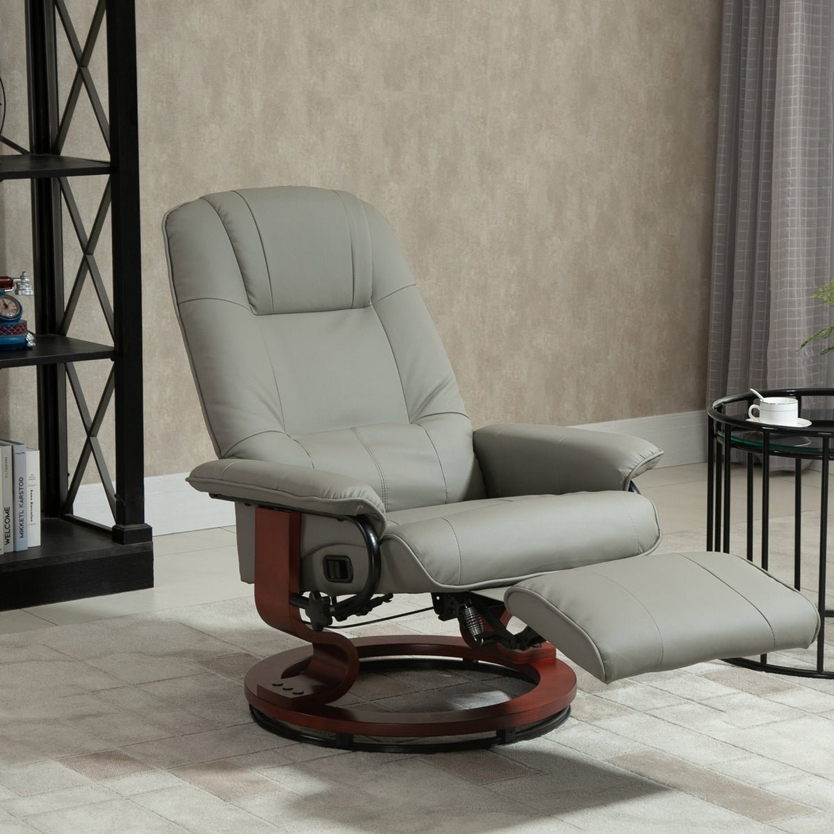 Faux Leather Manual Recliner, Adjustable Swivel Lounge Chair with Footrest, Armrest and Wrapped Wood Base for Living Room, Gray