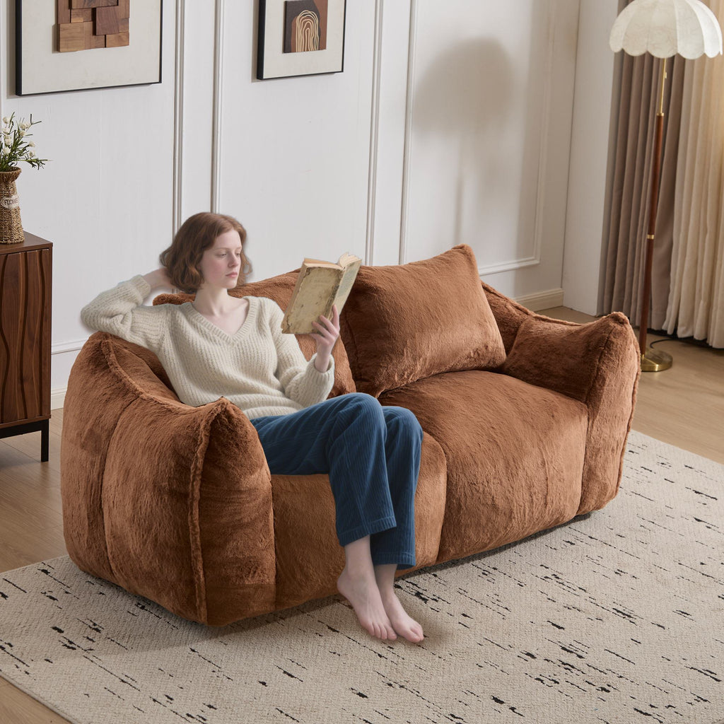 Bean Bag Sofa with High-Density Foam and Faux Fur Fabric, Compressed Sofa Oversized Fluffy Loveseat for Adults, 75" L x 42.5" W x 28.5" H, Brown