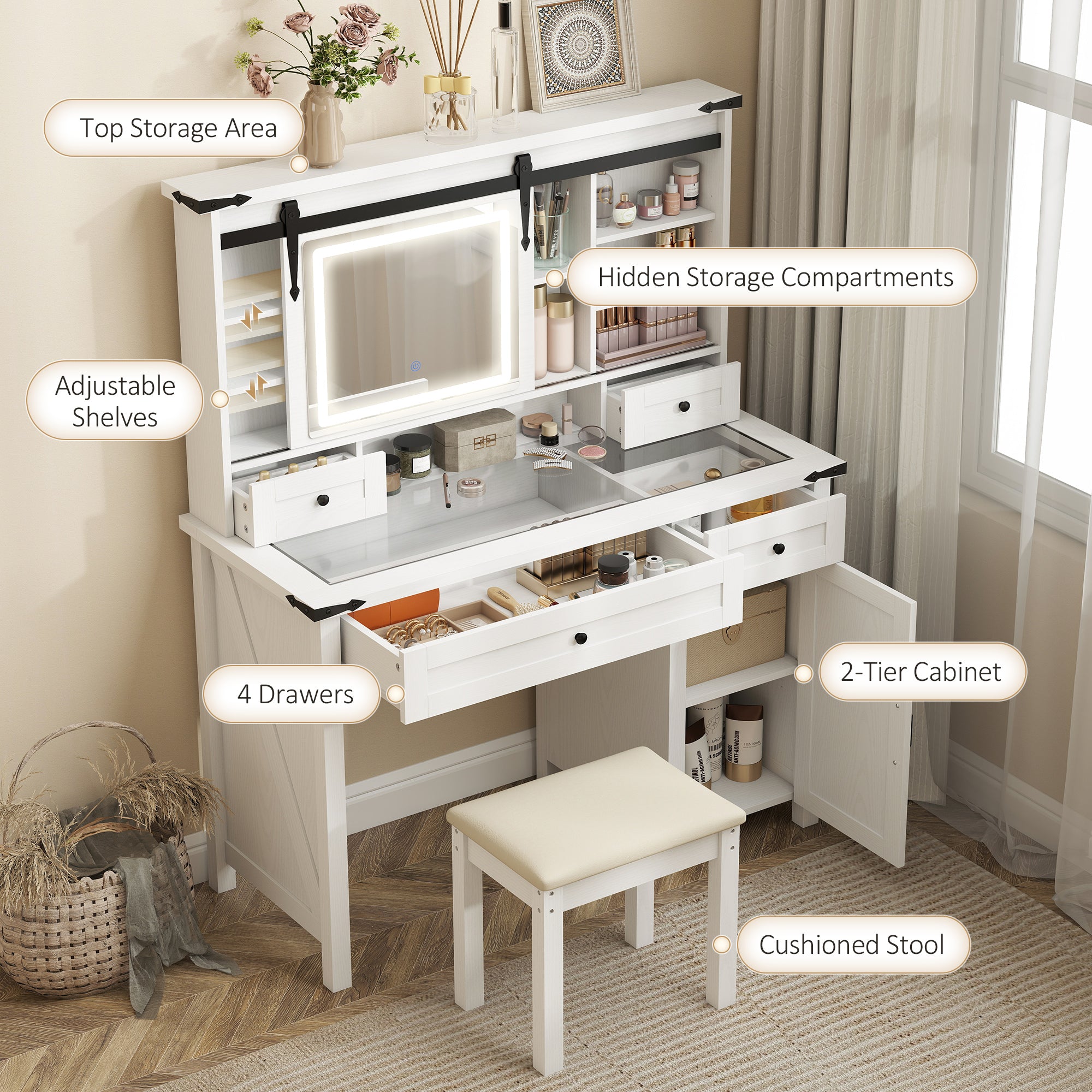 Vanity Desk Set with Mirror and Lights, Cushioned Stool, Storage Drawer, Cabinet, Shelves for Bedroom, White