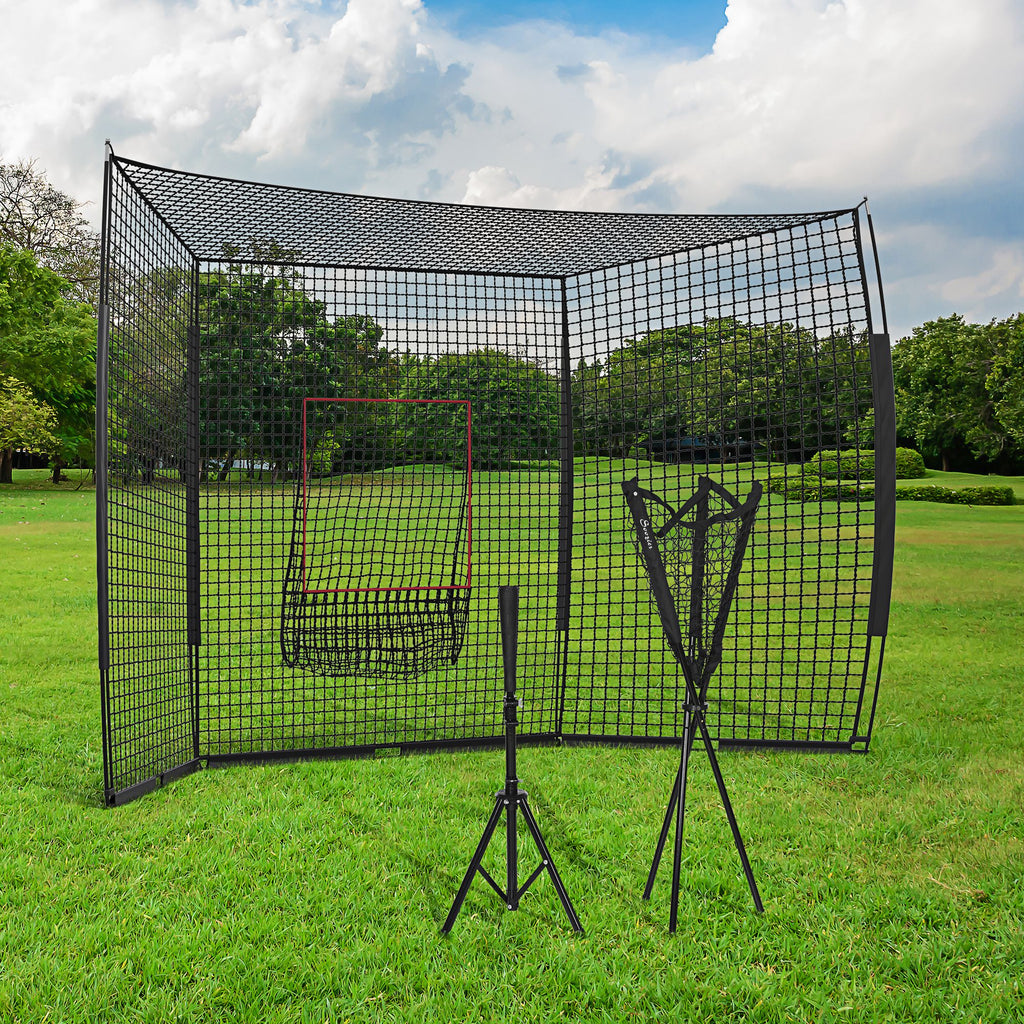 Softball and Baseball Net with Strike Zone, Tee, Caddy, and Portable Carry Bag for Pitching and Hitting Training