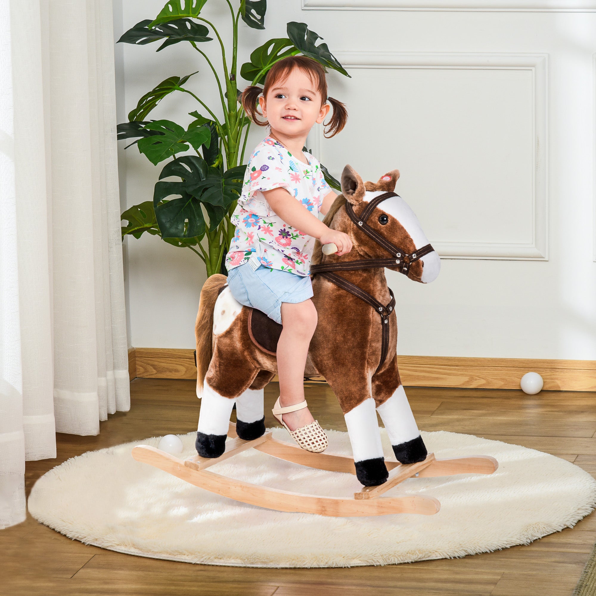 Kids Plush Toy Rocking Horse Pony Toddler Ride on Animal for Girls Pink Birthday Gifts with Realistic Sounds, Brown