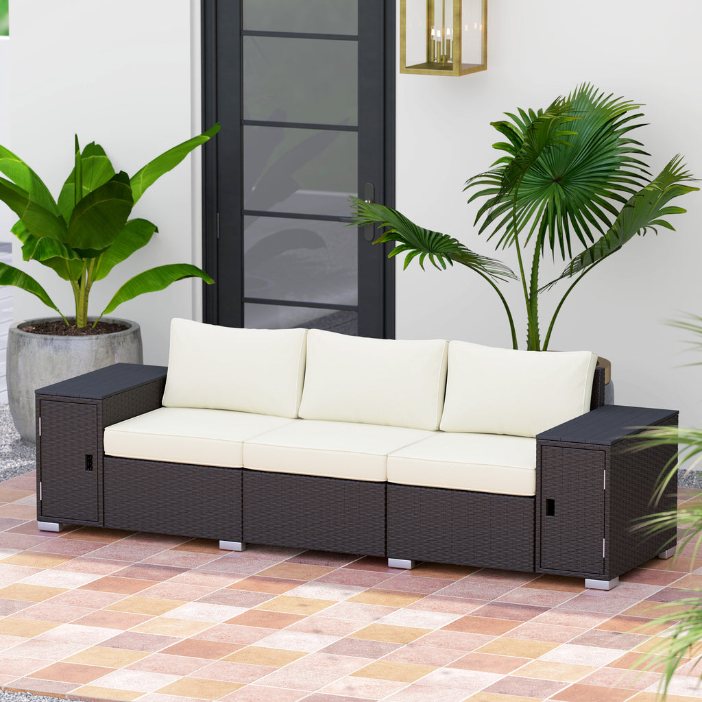 3 Seater Wicker Outdoor Couch Patio Sofa with Storage, Thickened Cushions and Wide Armrests for Porch Yard, Cream White