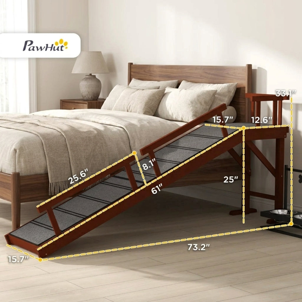 Wooden Dog Ramp with Removable Guardrails, Non-Slip Surface, 73" Long, Brown