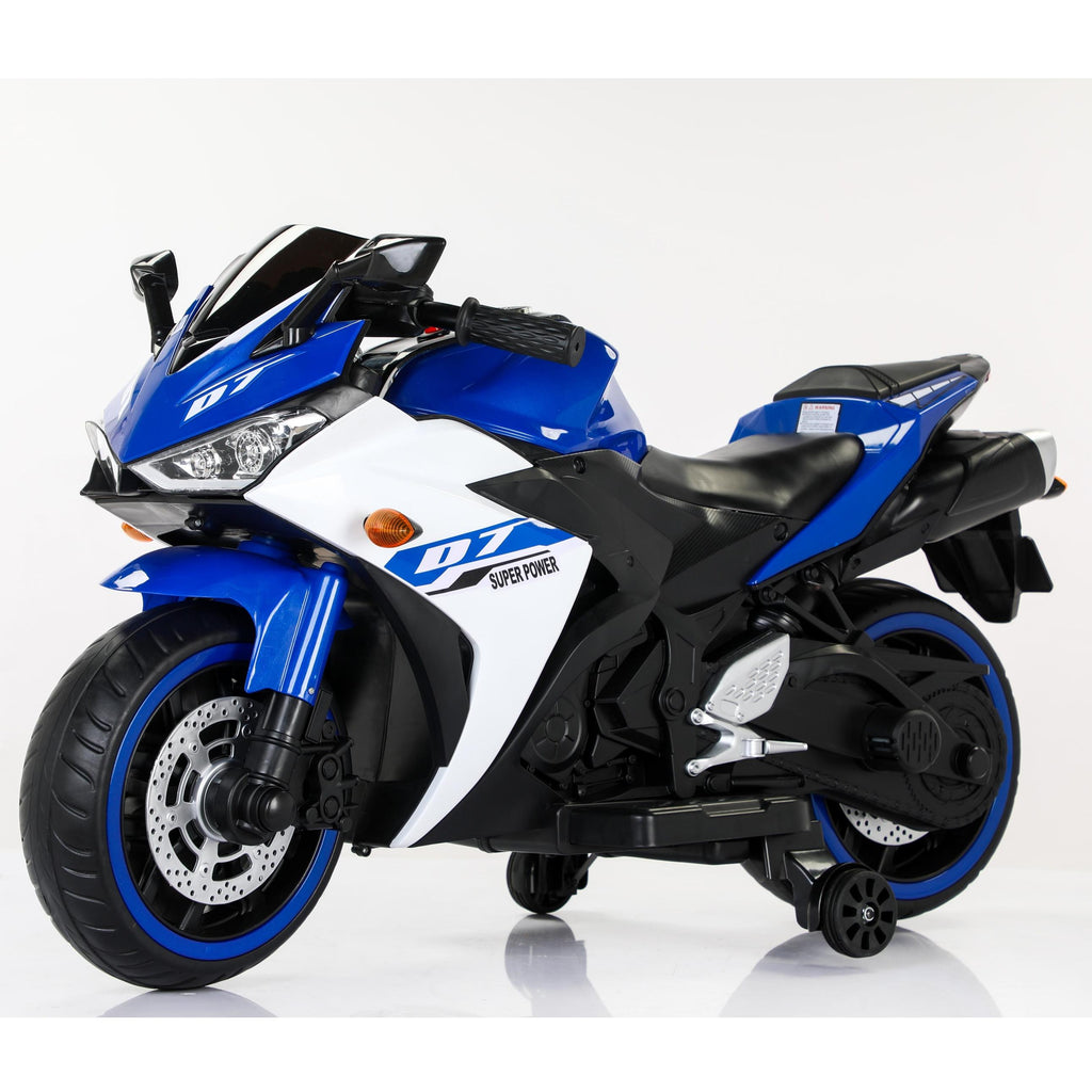 12V Kids Electric Ride-On Motorcycle with Training Wheels and Headlight, Motorbike with MP3 and Light-Up Wheels, 46" L x 20" W x 26" H, Blue