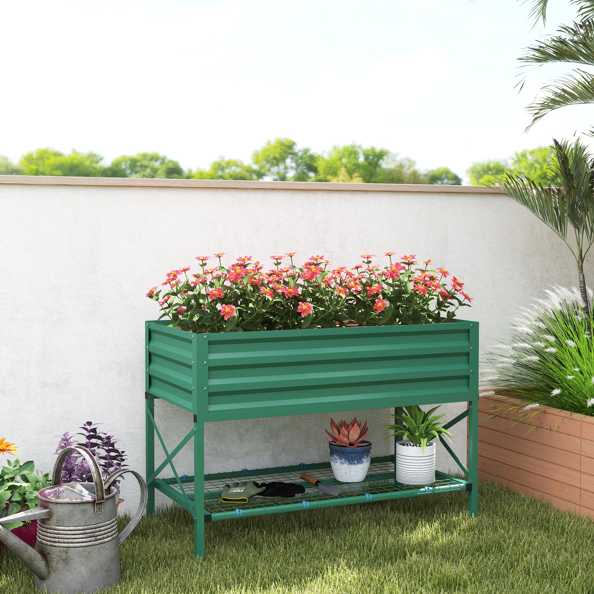 Galvanized Raised Garden Bed, Metal Planter Box with Legs, Storage Shelf and Bed Liner, Green