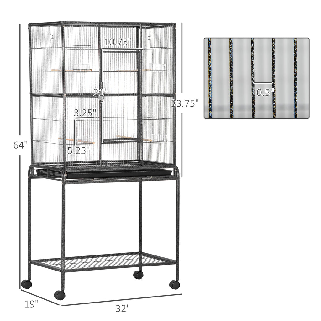 30" Rolling Metal Bird Cage Feeder with Detachable Rolling Stand, Storage Shelf, Wood Perch & Food Container