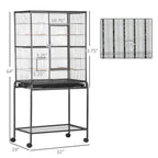30" Rolling Metal Bird Cage Feeder with Detachable Rolling Stand, Storage Shelf, Wood Perch & Food Container