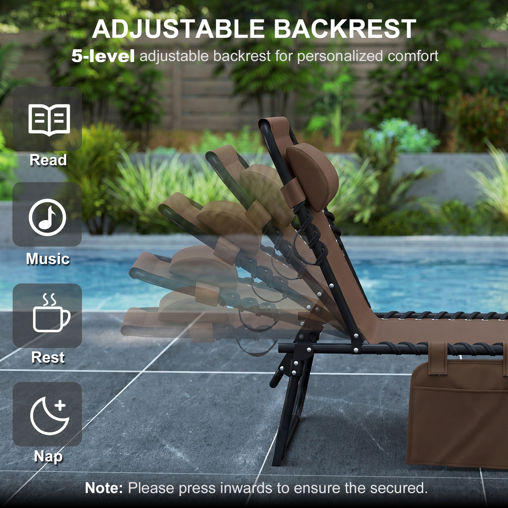 Folding Chaise Lounge Chair Outdoor, Sun Tanning Chair with Side Pocket, Carrying Strap, Portable Patio Beach Lounger with 5-Position Reclining Back, Headrest for Pool, Camping, Yard, Brown