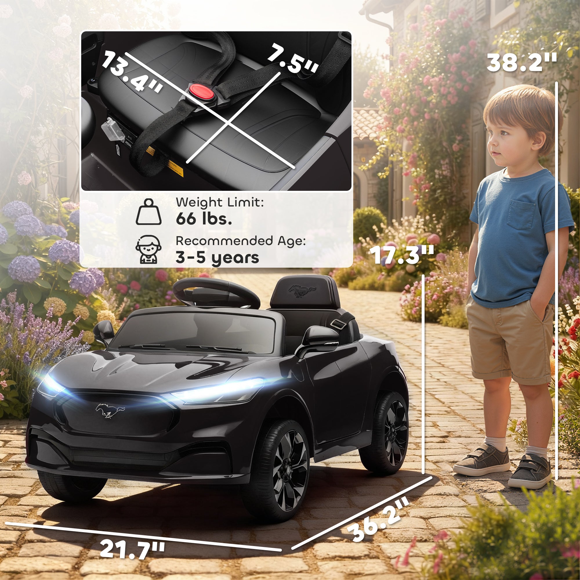12V Kids Ride On Car, Licensed Mach-E Electric Car with Remote Control, LED Light, Music, Black
