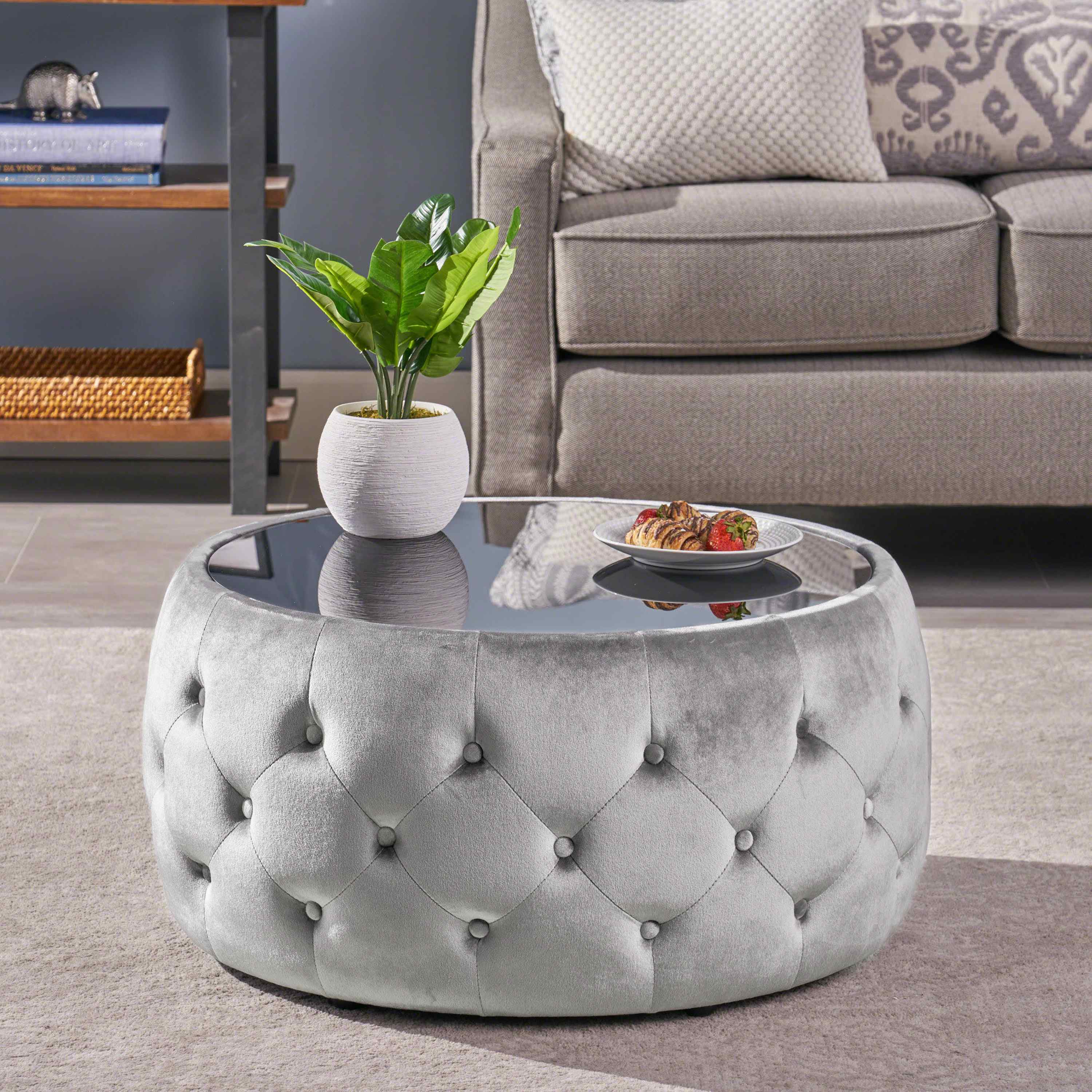 Velvet Ottoman with Cushioned Top, Sturdy Frame, and Space-Saving Design, 30" L x 30" W x 14.5" H, Smoke