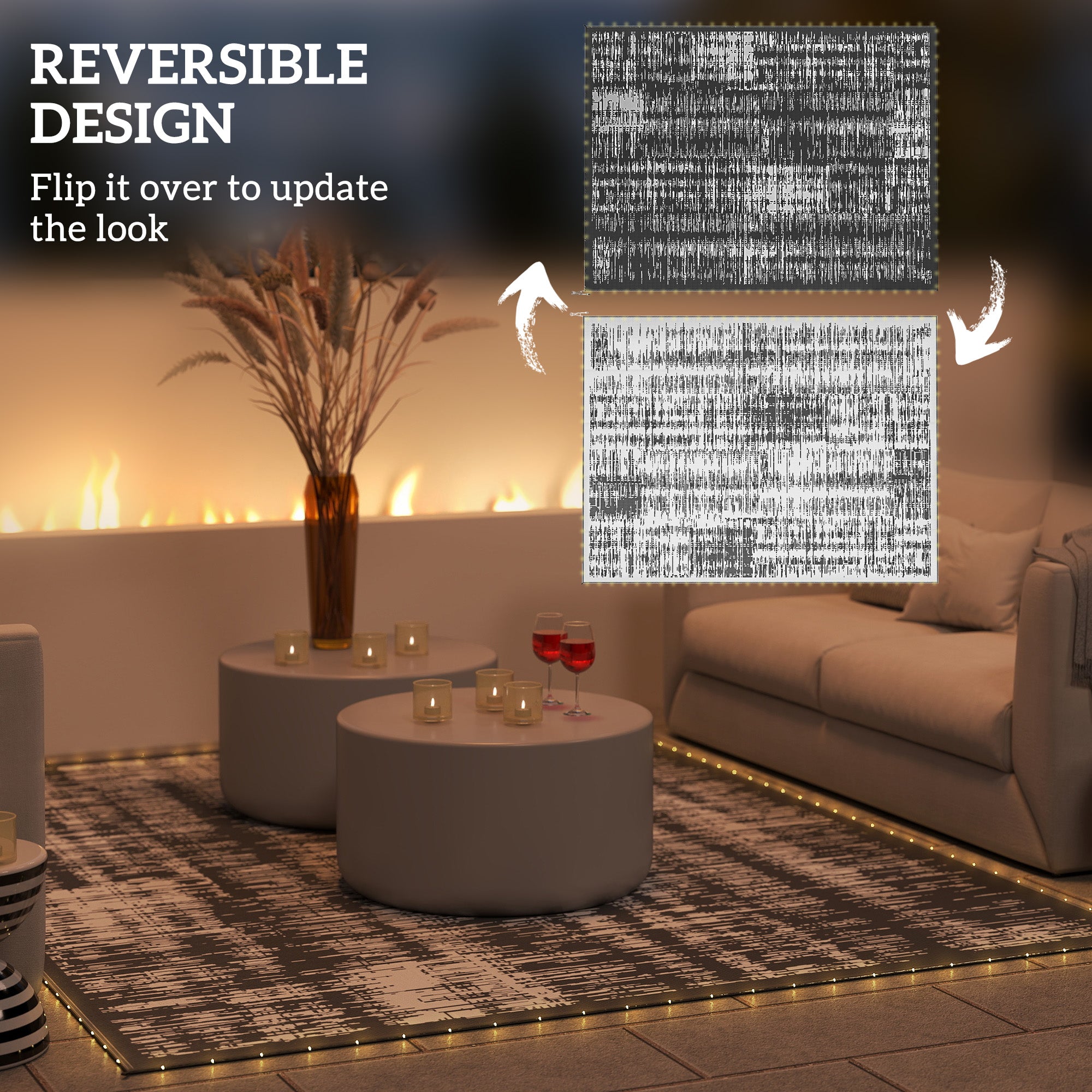 Reversible Outdoor Rug Carpet with LED Lights, Carry Bag & Ground Stakes for Backyard, Deck, Picnic, Beach, 12' x 9'