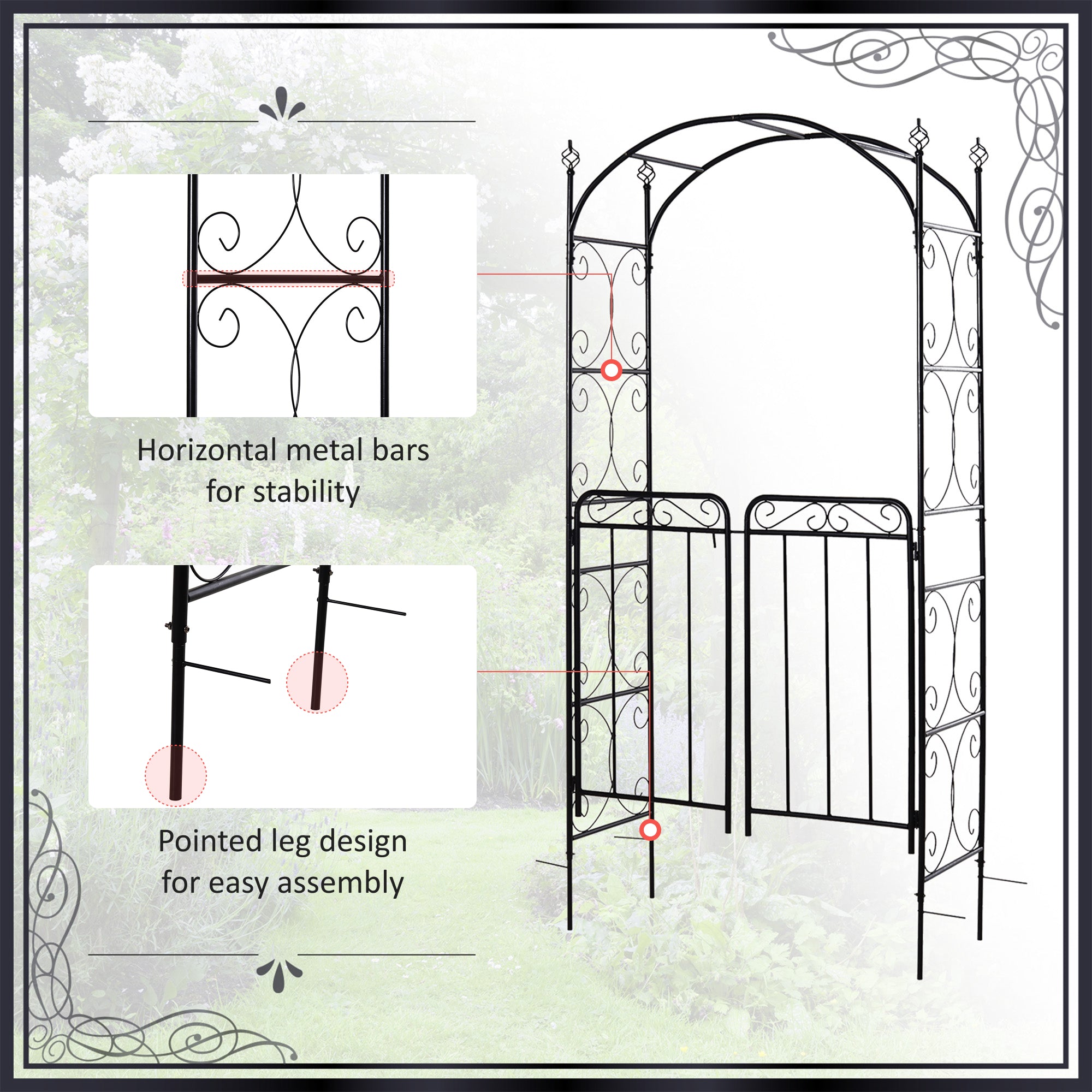 84" Garden Arch Arbor with Gate, Metal Arch Trellis, Garden Archway for Climbing Vines, Wedding Ceremony Decoration, Flourishes & Arrow Tips, Black