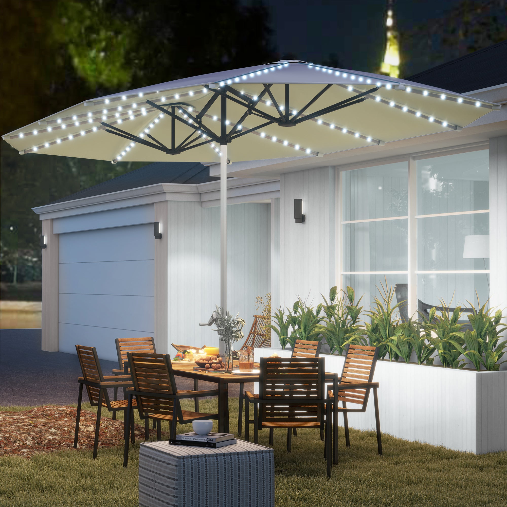 15ft Double-Sided Outdoor Umbrella with Solar Lights, UPF50+ Extra Large Aluminum Patio Umbrella with Crank, Cream White
