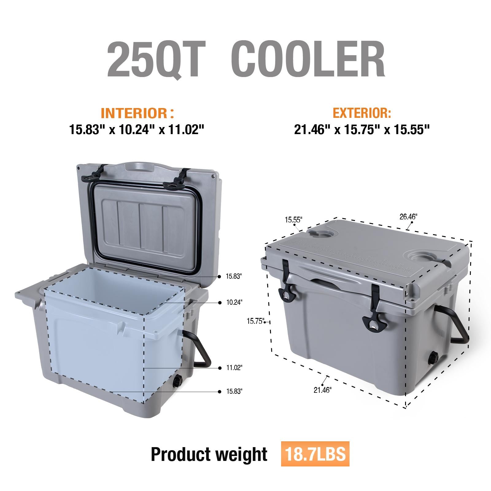 Insulated Portable Cooler with Impact-Resistant Hard Shell, Outdoor Ice Chest for Extended Travel, 21.5″ L x 15.5″ W x 15.5″ H, Grey