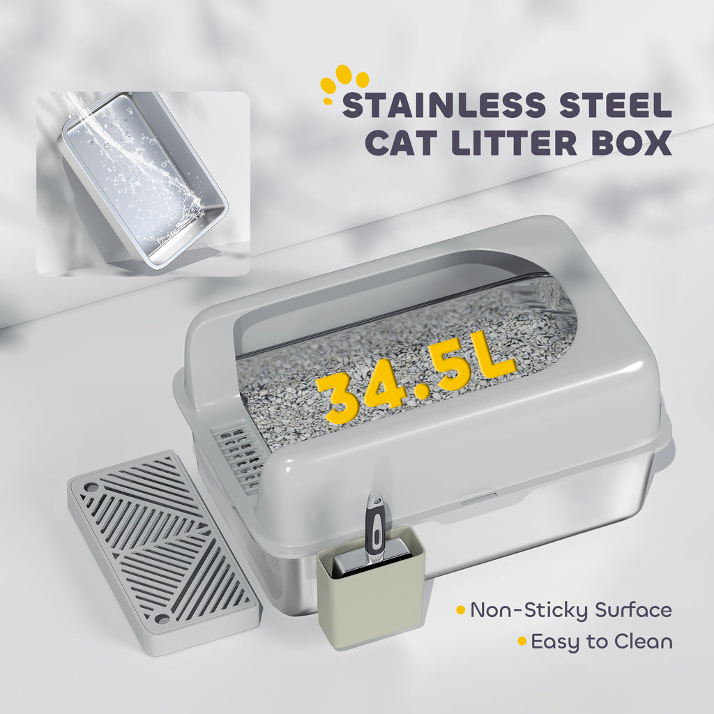 2 Pack High Sided Stainless Steel Litter Box with Metal Scoop & Scoop Holder, for Anti-Urine Leakage, Light Gray