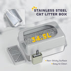 2 Pack High Sided Stainless Steel Litter Box with Metal Scoop & Scoop Holder, for Anti-Urine Leakage, Light Gray