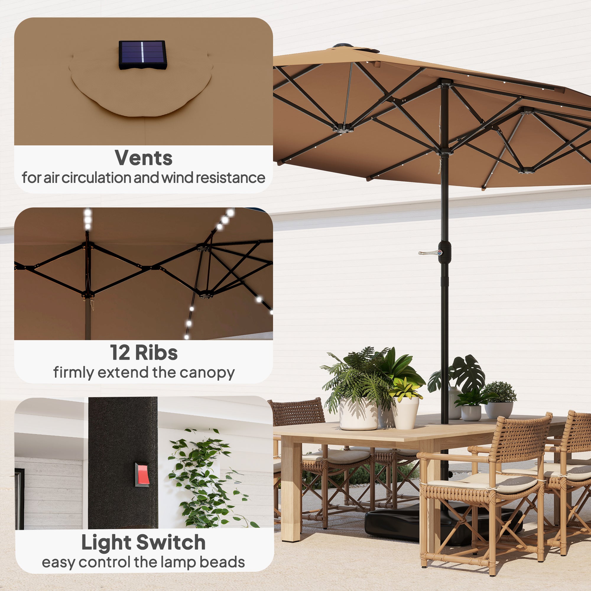 Garden Parasol 14.4 ft. Double-Sided Sun Umbrella with Base, Patio Parasol with LED Solar Lights, Khaki