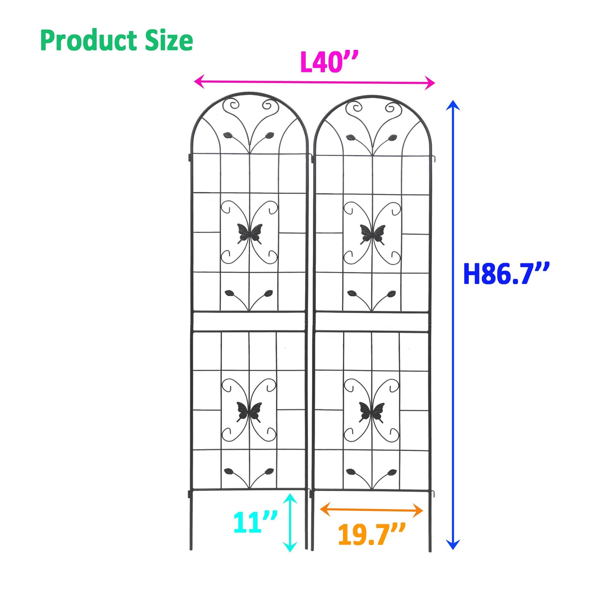2 Pack Metal Garden Trellis with Butterfly Decoration, for Outdoor Climbing Plant Support, Rustproof, Black