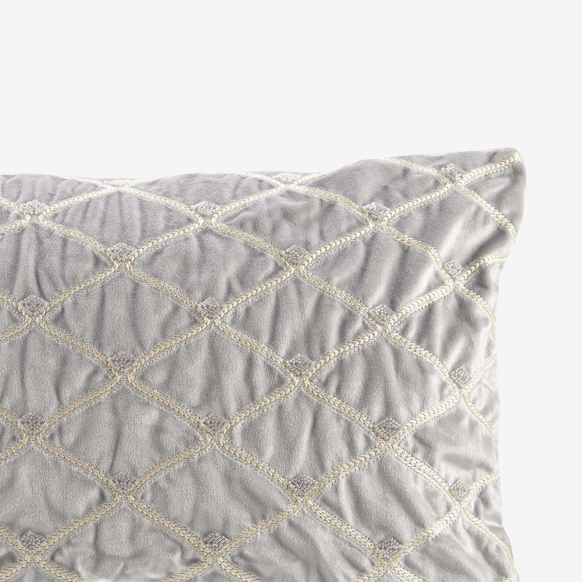 Luxurious Oblong Decor Pillow with Hand-Beaded Velvet Cover, Goose Feather Insert, Ideal for Living Room, Bedroom, 22" L x 15" W x 5" H, Silver