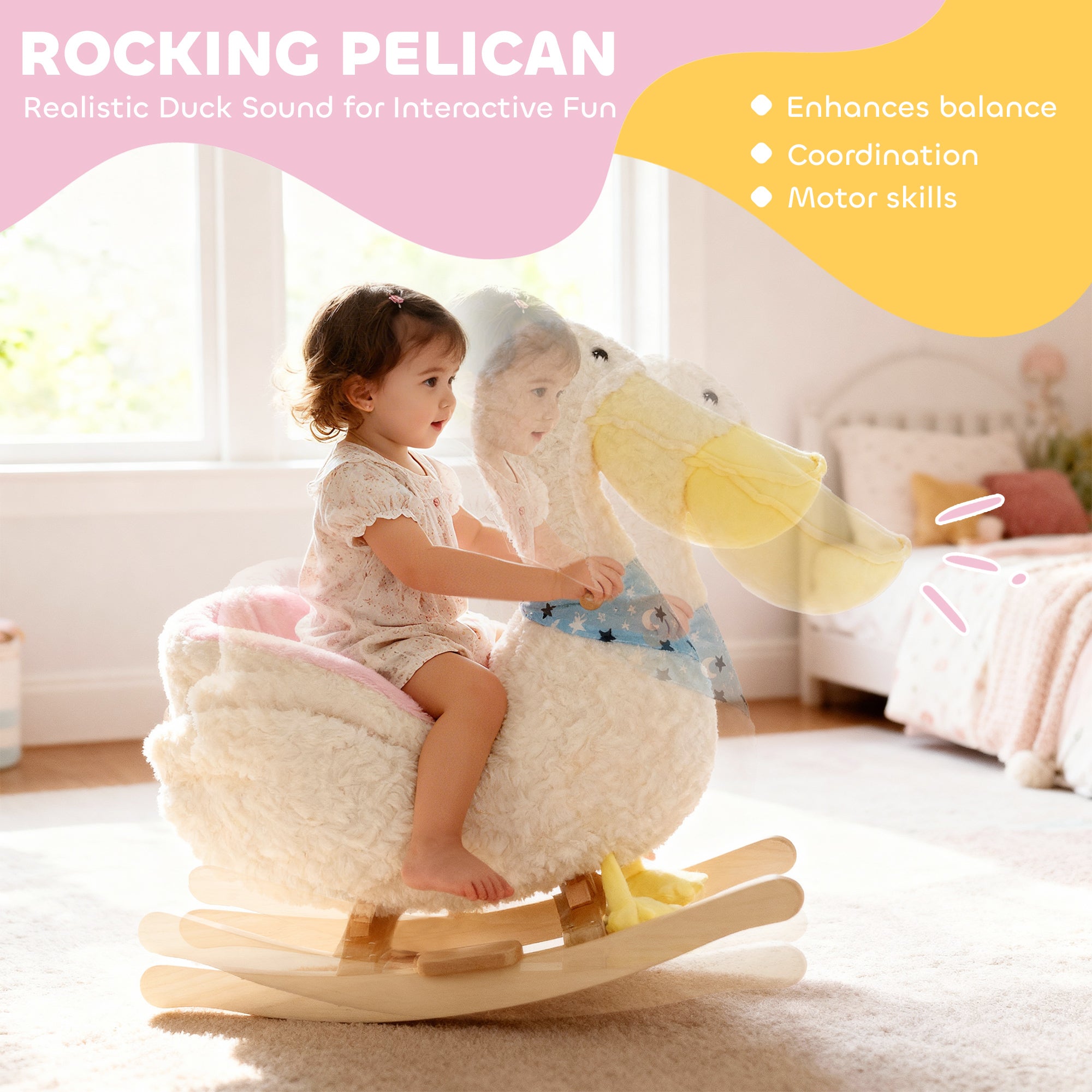 Baby Rocking Horse, Kids Ride on Pelican Rocking Horse for Toddlers 18–36 Months with Realistic Duck Sound, White