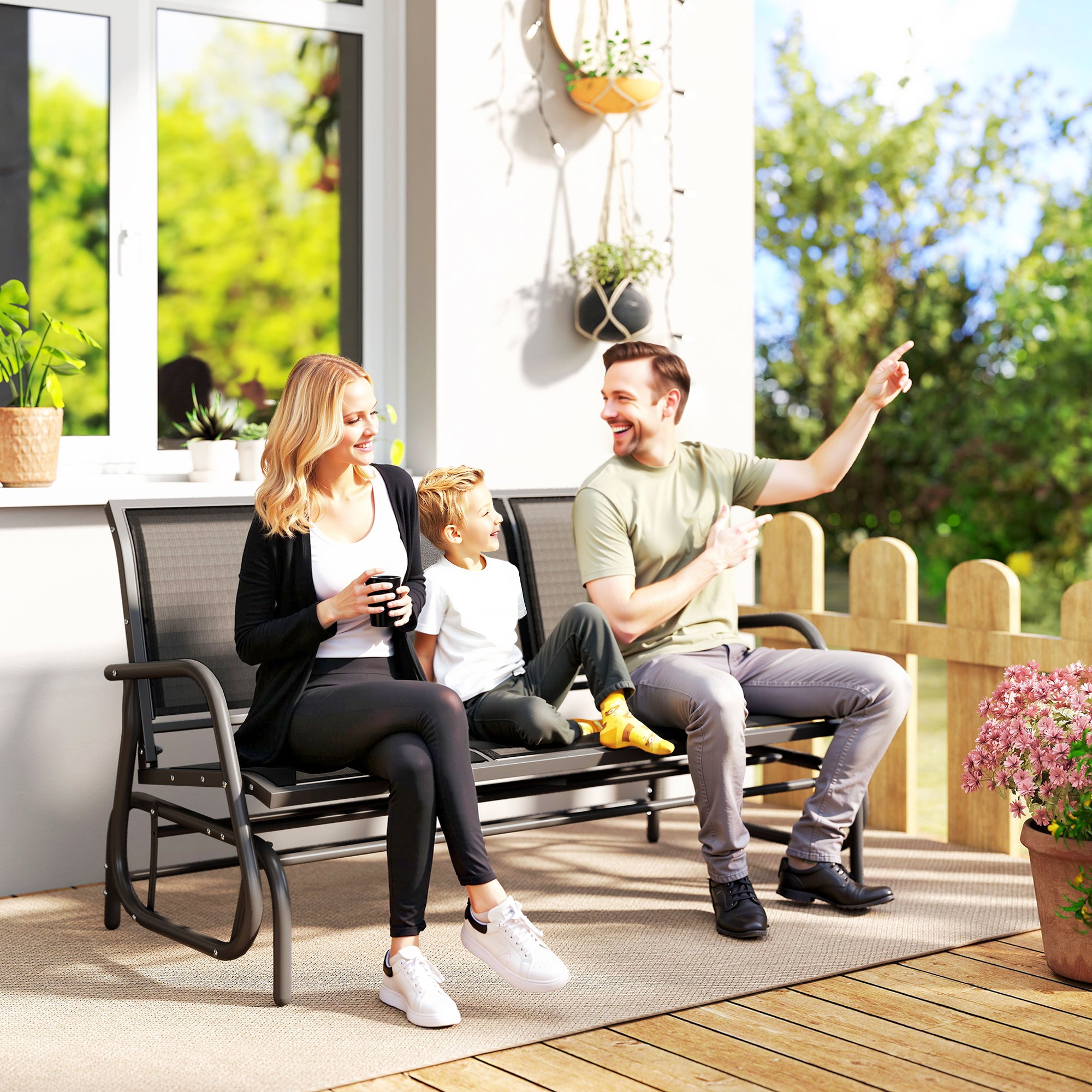 3-Person Outdoor Patio Glider Bench, Porch Glider Swing with 3 Seats, Breathable Mesh Fabric, Metal Frame, Black