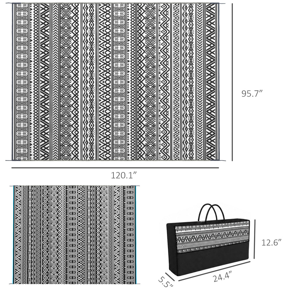 Reversible Outdoor Rug Carpet RV Camping Rugs with Carry Bag, 8' x 10', Gray & Cream White Boho