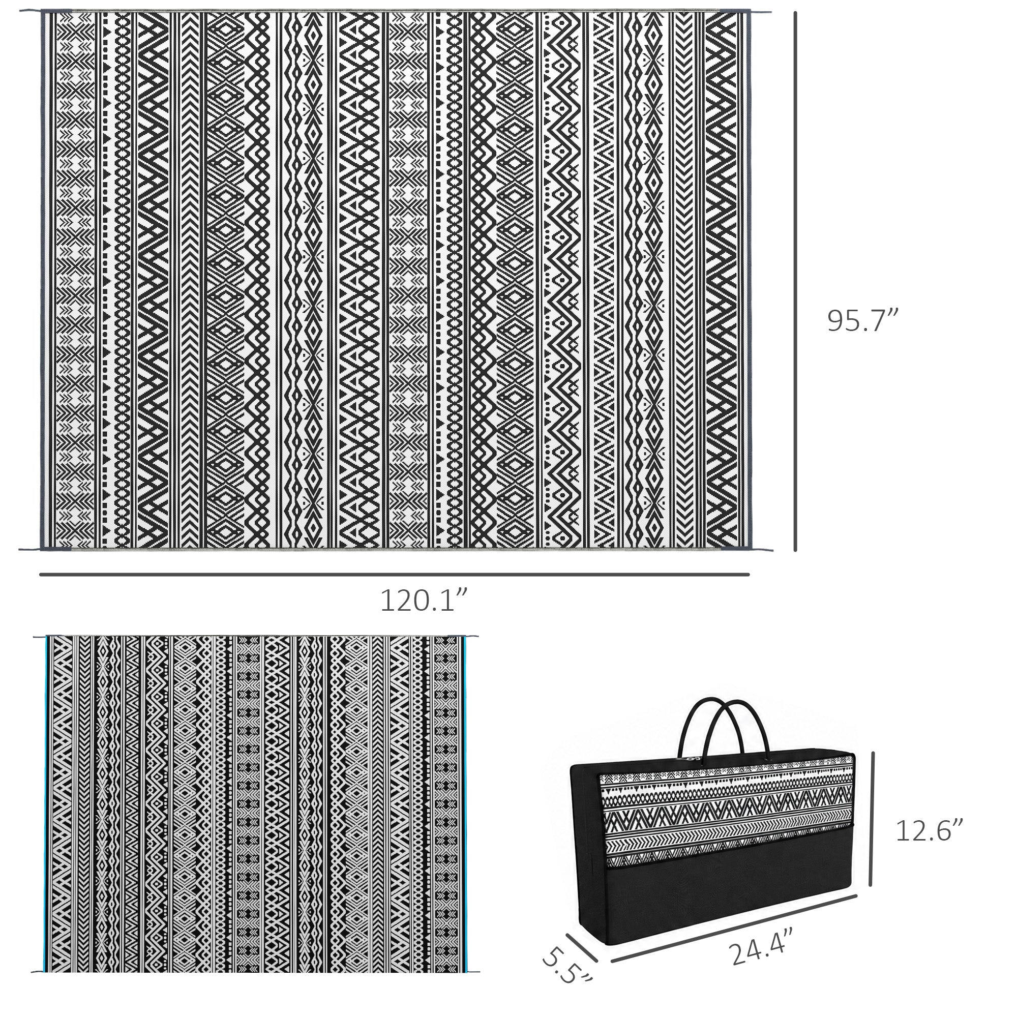 Reversible Outdoor Rug Carpet RV Camping Rugs with Carry Bag, 8' x 10', Gray & Cream White Boho