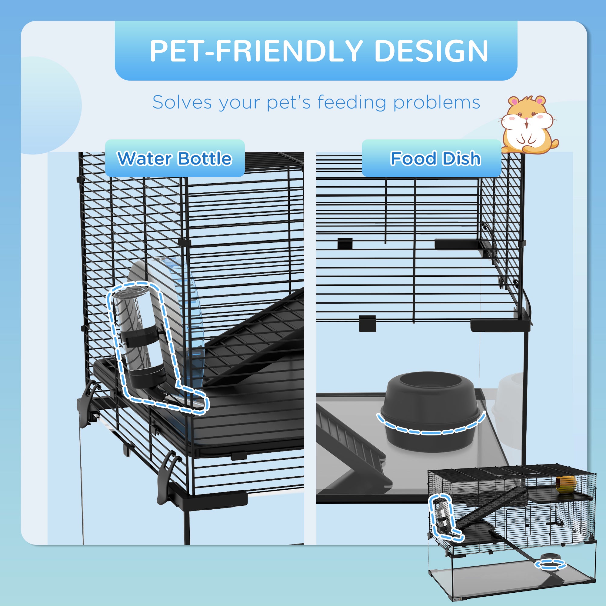 30" Hamster Cage, Gerbil Cage with Glass Basin for Small Hamsters, Black