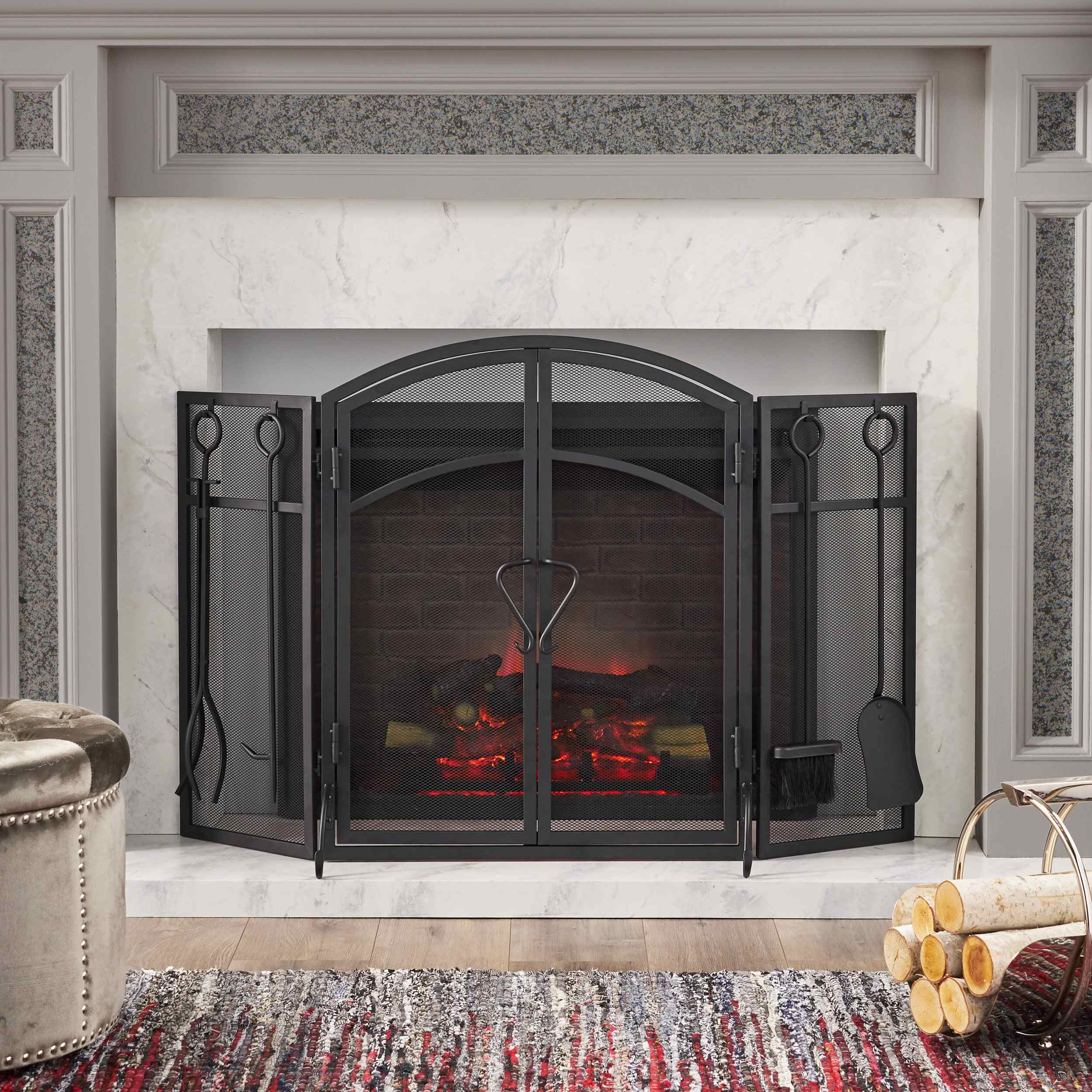 Iron Folding Fireplace Screen with Doors and 4-Piece Tool Set, Matte Finish, 50.5" x 5.5" x 32", Matte Black