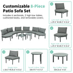 8-Piece Half Moon Sectional Sofa with 2 Coffee Table & Cushion, PE Wicker Patio Furniture for Backyard, 34.5'' L x 25.5'' W x 12.5'' H, Gray