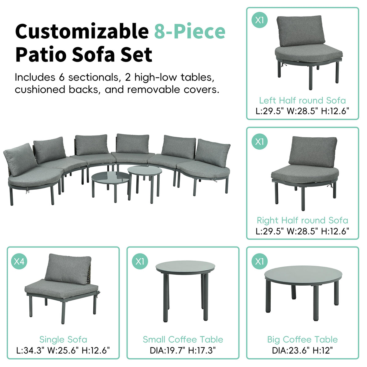 8-Piece Half Moon Sectional Sofa with 2 Coffee Table & Cushion, PE Wicker Patio Furniture for Backyard, 34.5'' L x 25.5'' W x 12.5'' H, Gray