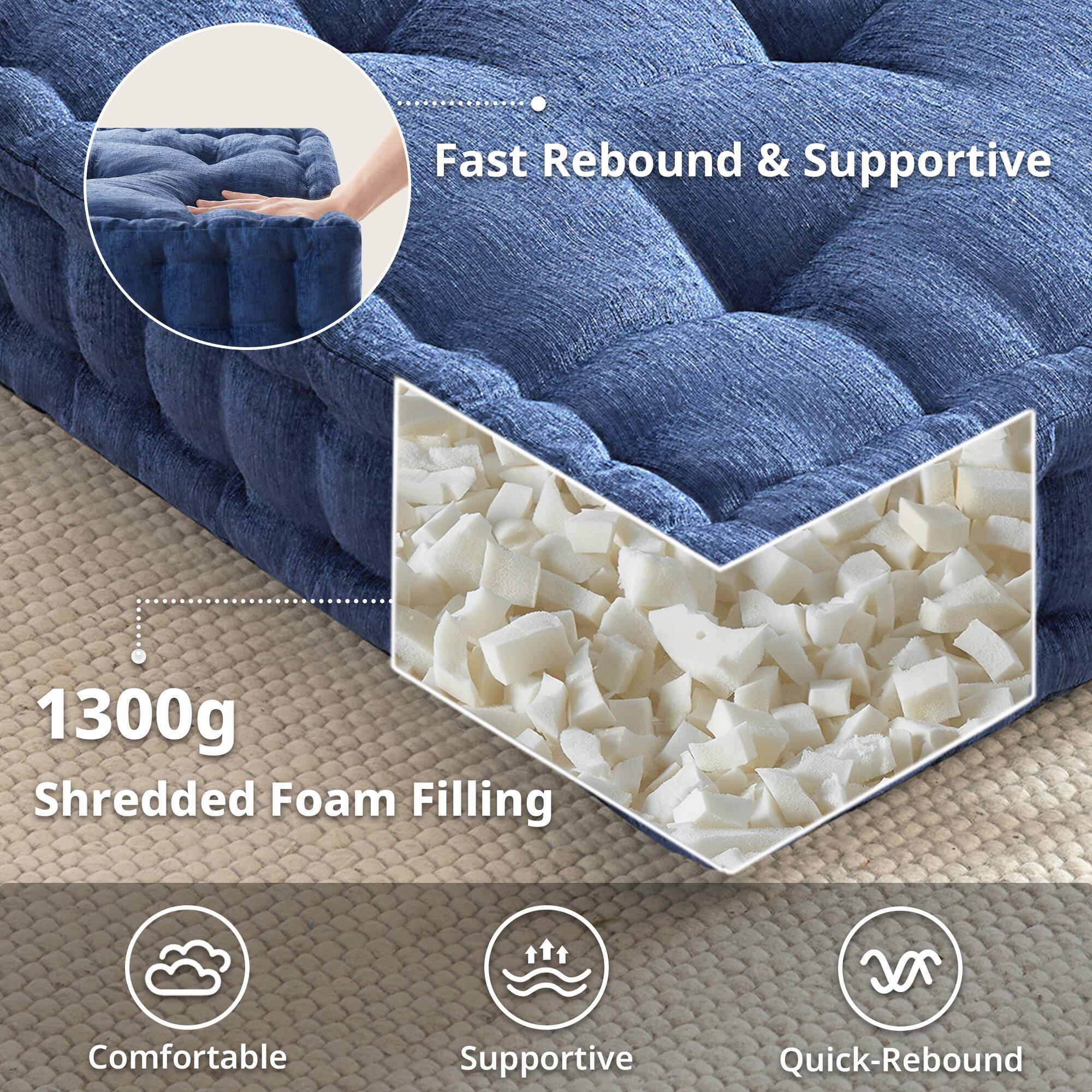 Textured Poly Chenille Square Floor Pillow Cushion with Tufted Detailing, Scalloped Edge, Hypoallergenic Polyester, 24" L x 24" W x 5" H, Navy Blue