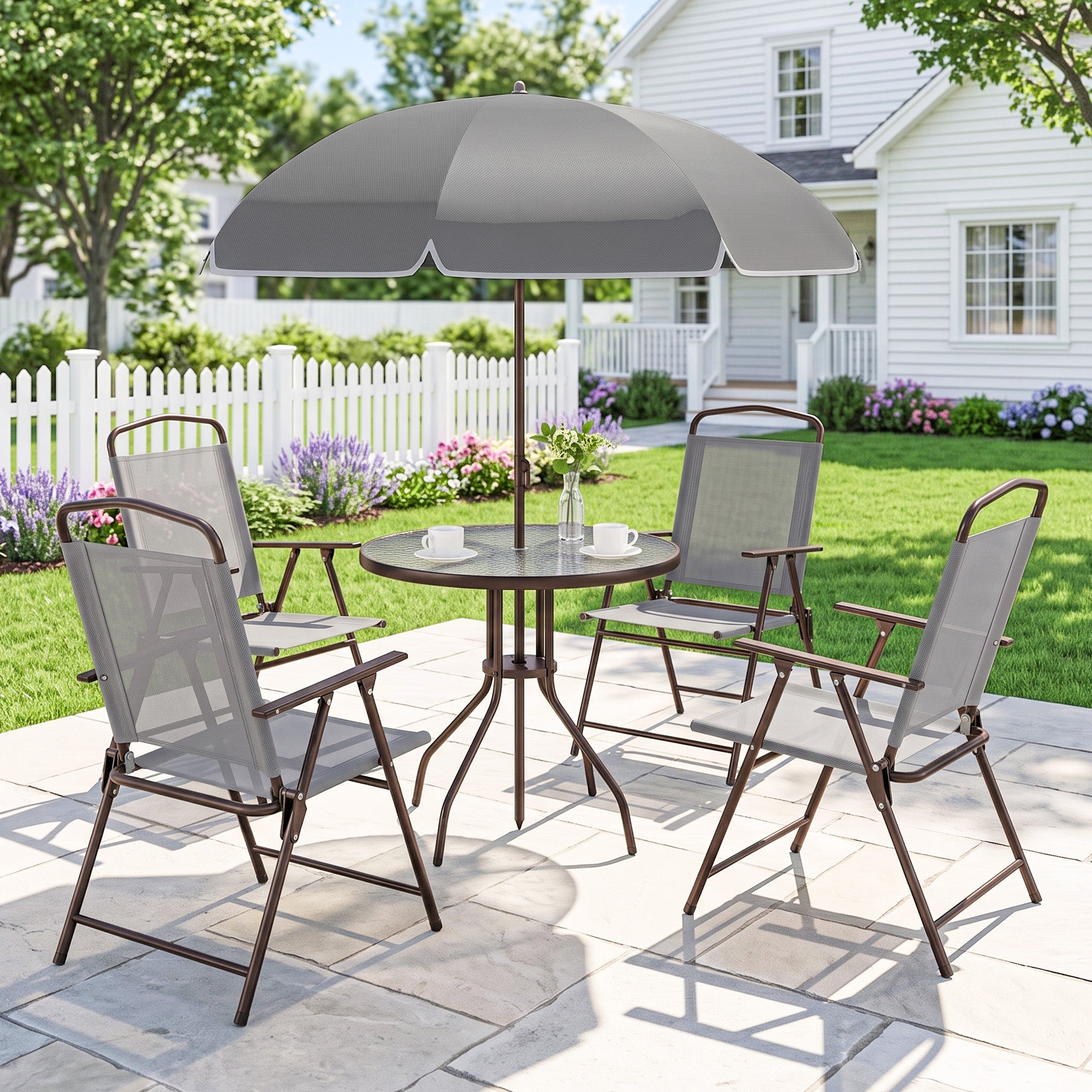 6 Piece Patio Dining Set for 4 with Umbrella, with 4 Folding Dining Chairs & Round Glass Table for Garden, Gray