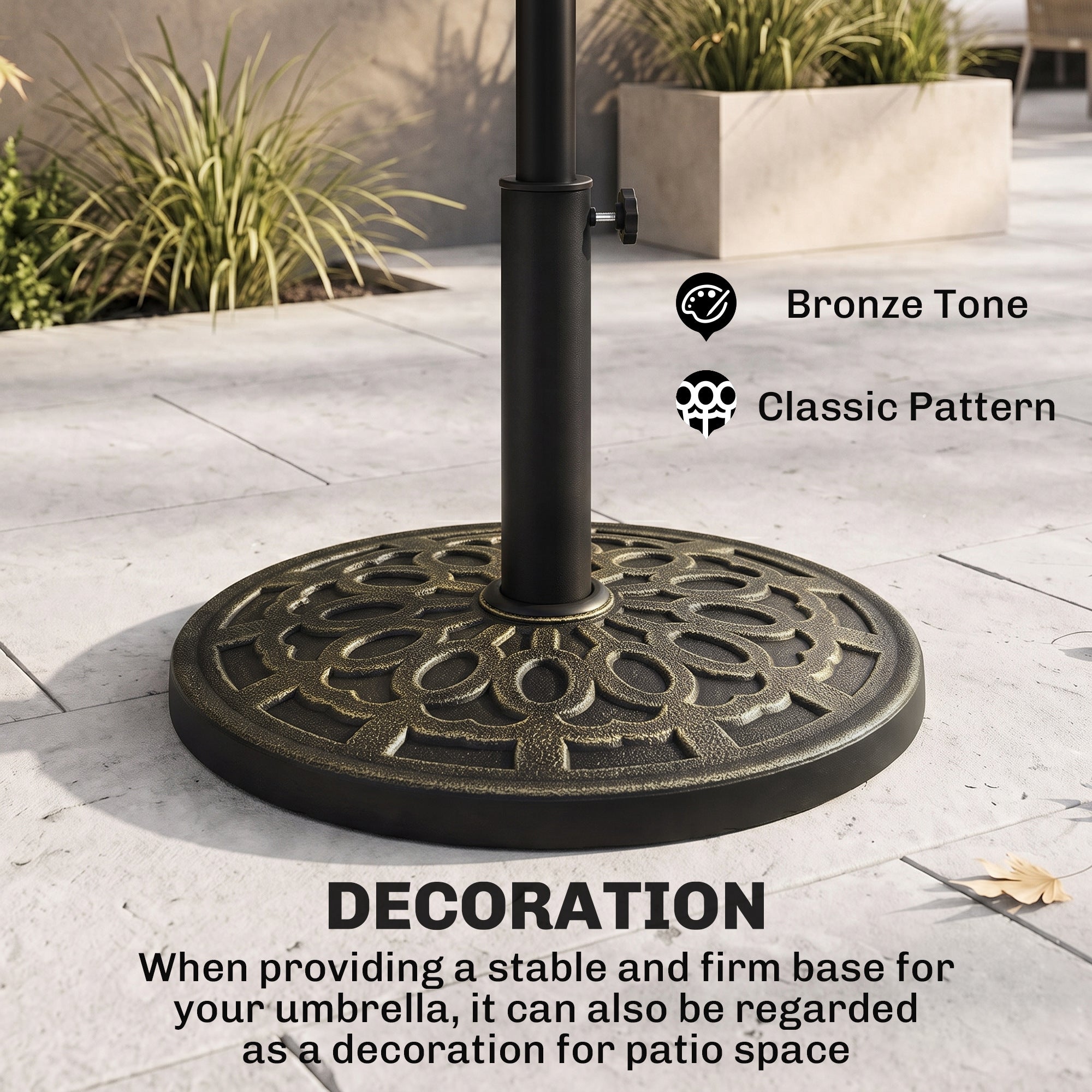 26lbs Heavy Duty Umbrella Base, 17" Umbrella Stand Outdoor Base with Decorative Pattern, for Patio, Outdoor, Swimming Pool, Bronze
