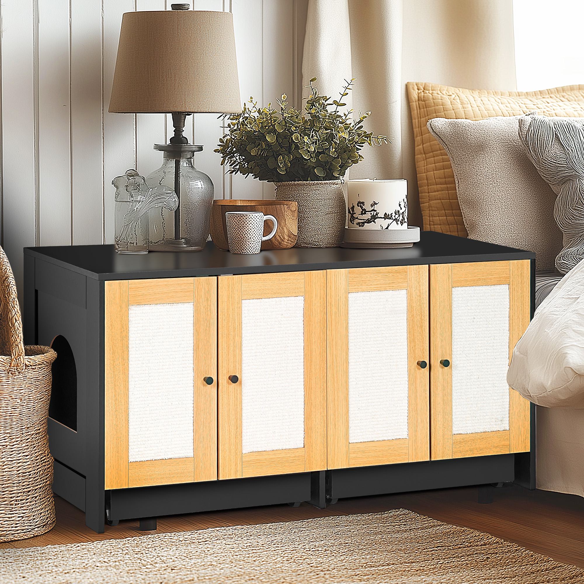 Double Litter Box Enclosure for 2 Cats with Rattan Doors and Sisal Scratch Panel, Hidden Cat Furniture, 47" L x 20" W x 23.5" H, Light Oak