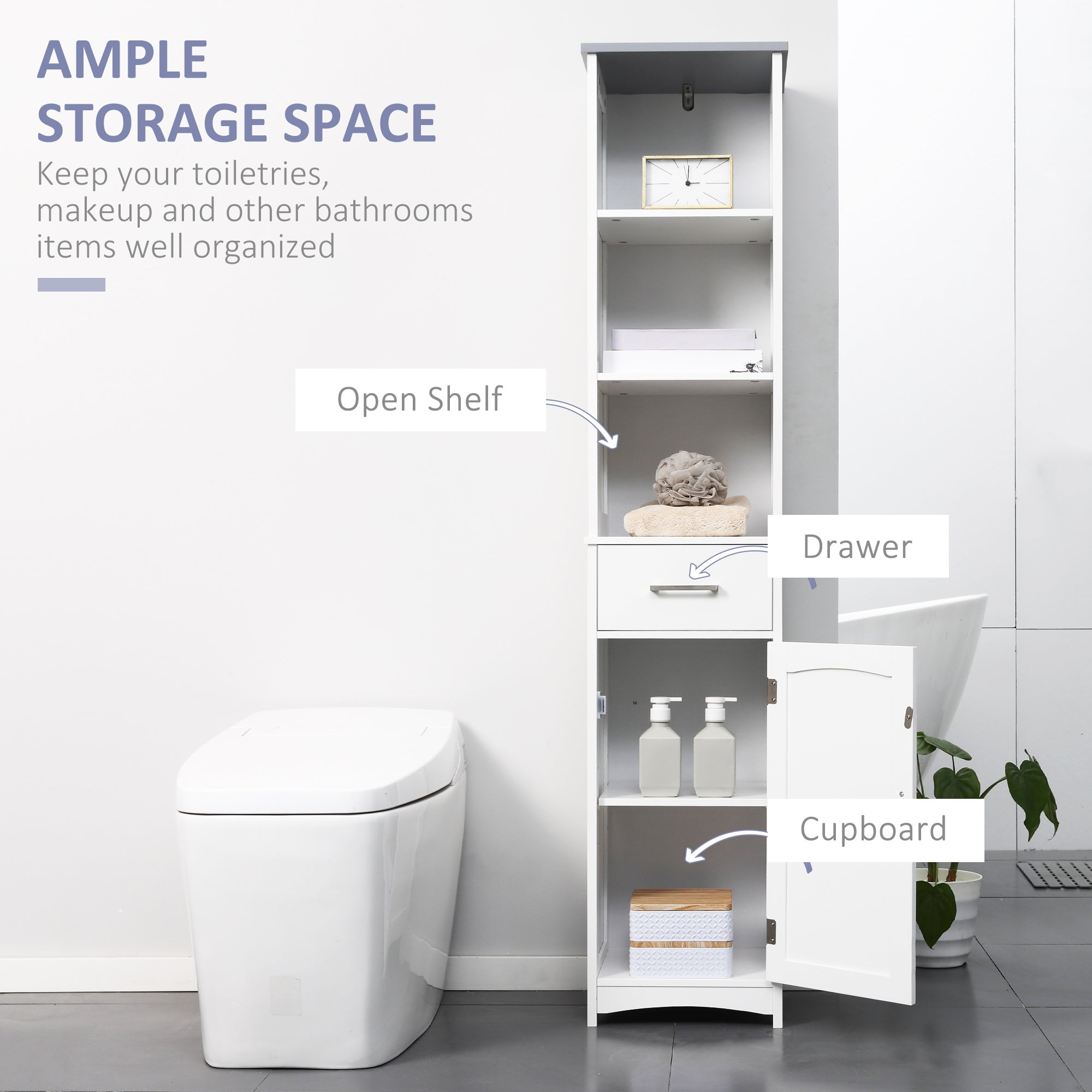 Tall Bathroom Storage Cabinet, Narrow Bathroom Cabinet with 3 Tier Shelving, Drawer and Adjustable Shelves, Slim Freestanding Linen Tower, White