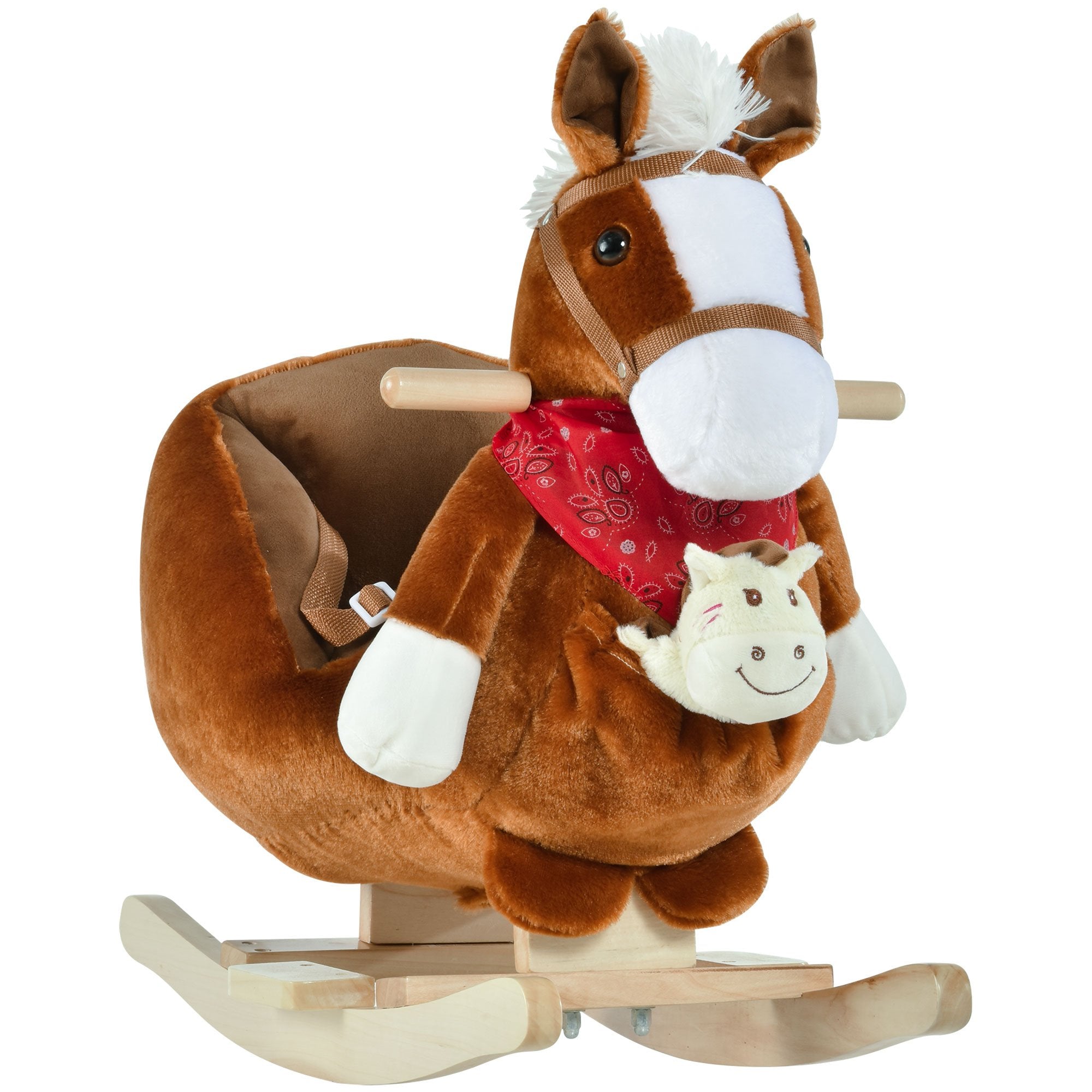 Kids Ride-On Rocking Horse Toy, Rocker with Lullaby Song, Hand Puppets & Soft Plush Fabric for Children 18-36 Months, Brown