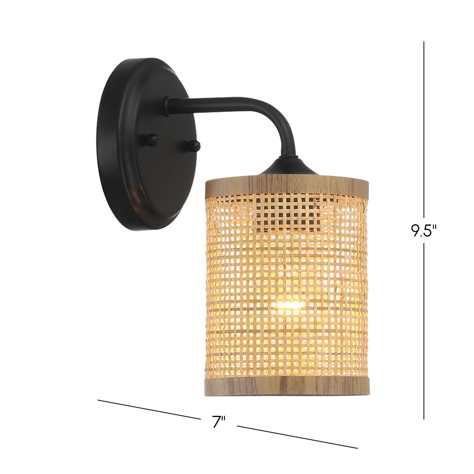 Reef Single Light Wall Sconce with Natural Rattan Shade, Rustic Wicker Wall Light, 5" L x 7" W x 9.5" H, Black+Rattan