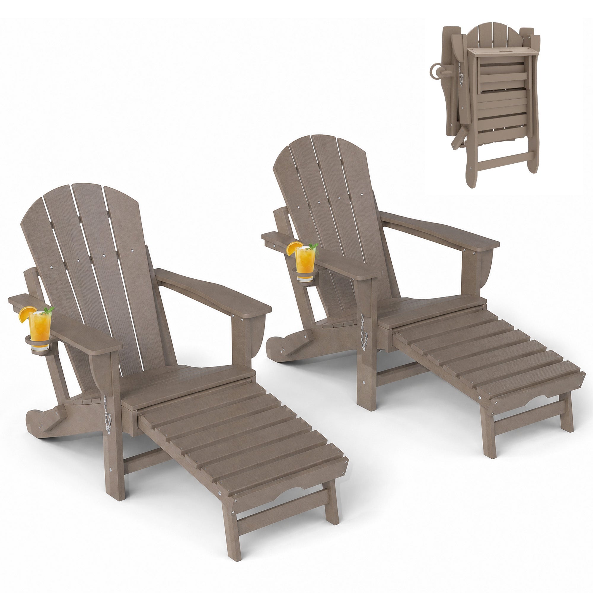 Folding Adirondack Chair Set of 2, HDPE Fire Pit Chair with Retractable Ottoman and Cup Holder, Brown