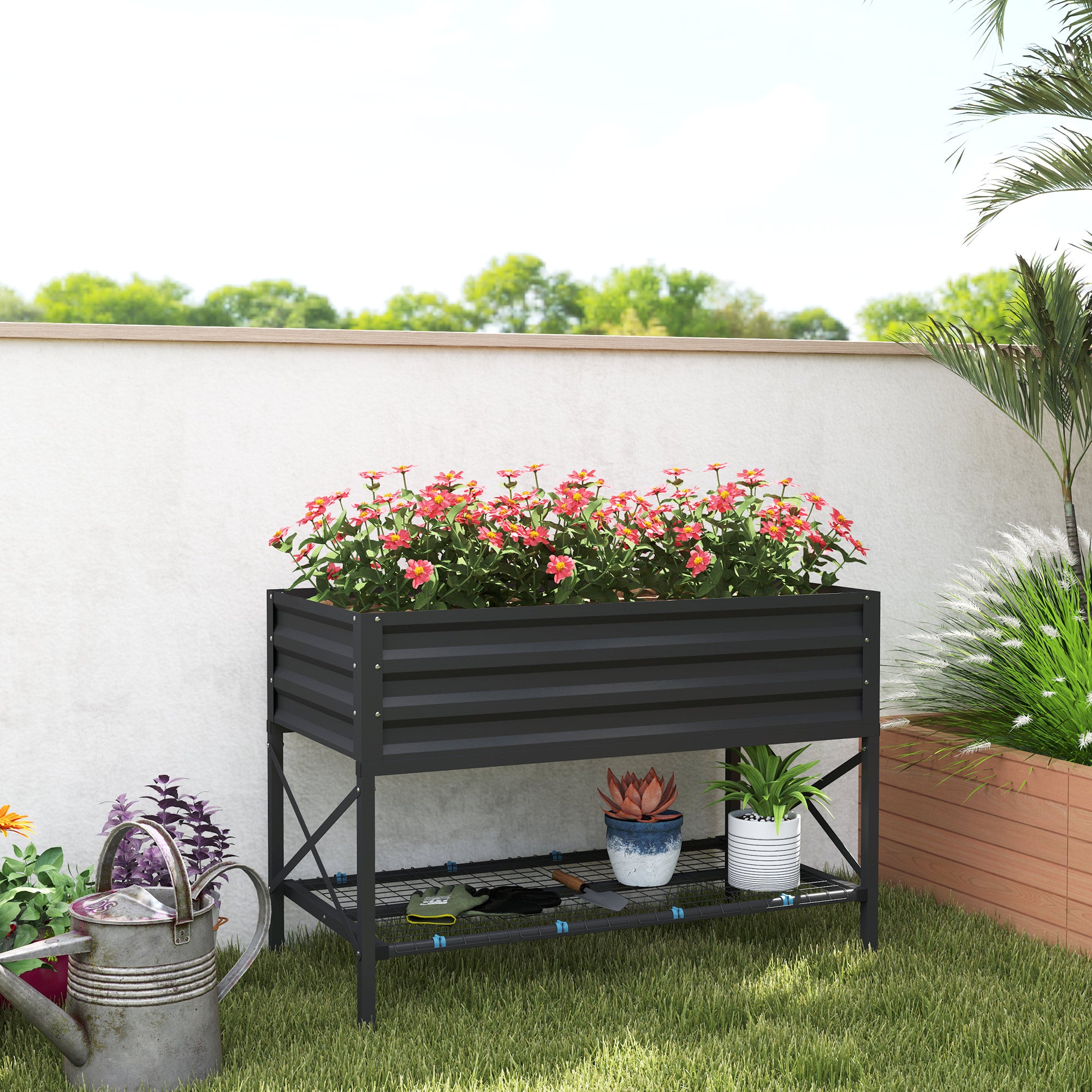 Galvanized Raised Garden Bed, Metal Planter Box with Legs, Storage Shelf and Bed Liner, Dark Gray