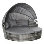 4 Piece Round Rattan Daybed, Convertible Patio Furniture Set, Adjustable Sun Canopy, Sectional Outdoor Sofa, 2 Chairs, Extending Tea Table Ottoman Chair, 3 Pillows, Gray