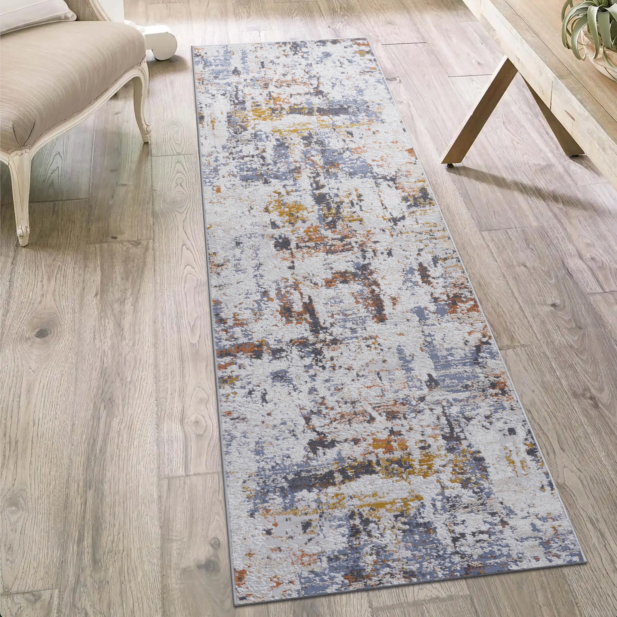 Naar 2x8 Abstract Stain-Resistant Area Rug with Cotton Backing, Medium Pile Height, Kid and Pet-Friendly Carpet, 96" L x 26" W x 0.3" H, Ivory+Navy