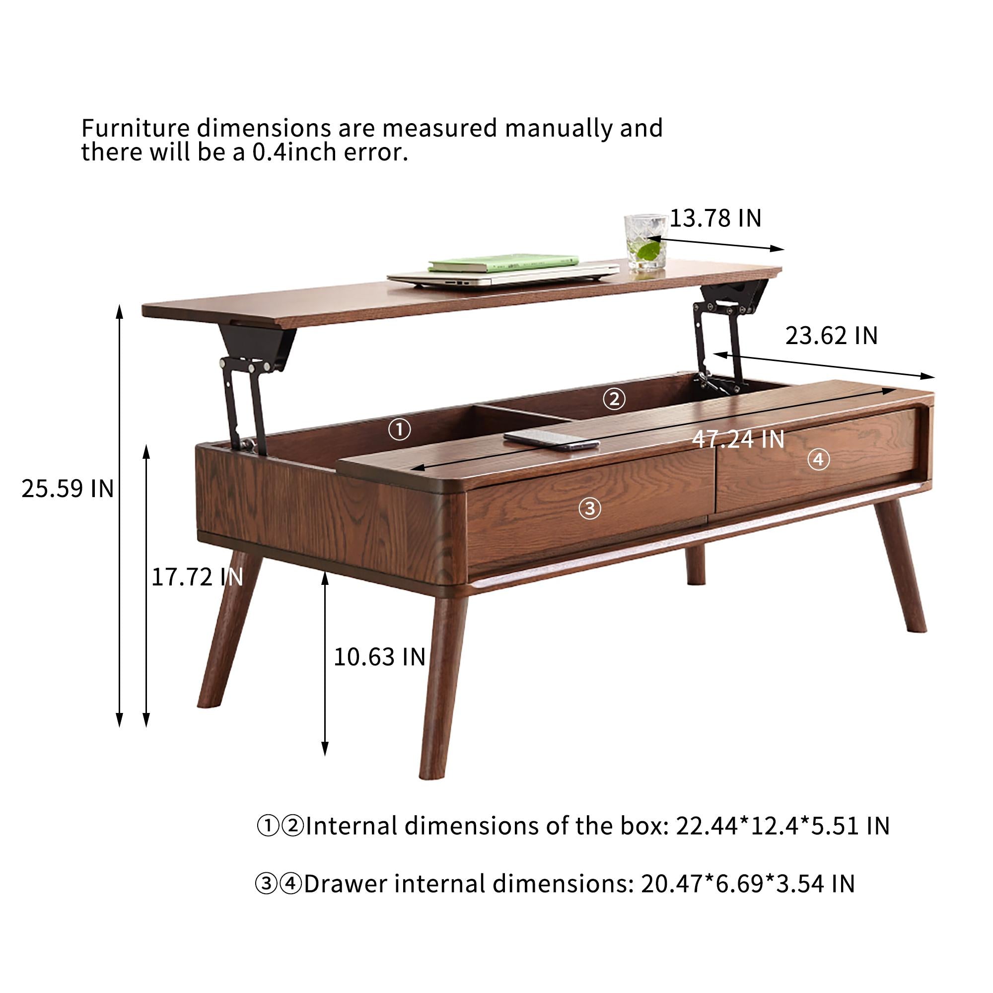 Versatile Lift-Top Coffee Table with 3 Hidden Storage Compartments, Solid Center Table for Living Area, 47″ L x 25.5″ W x 17.5″ H, Walnut