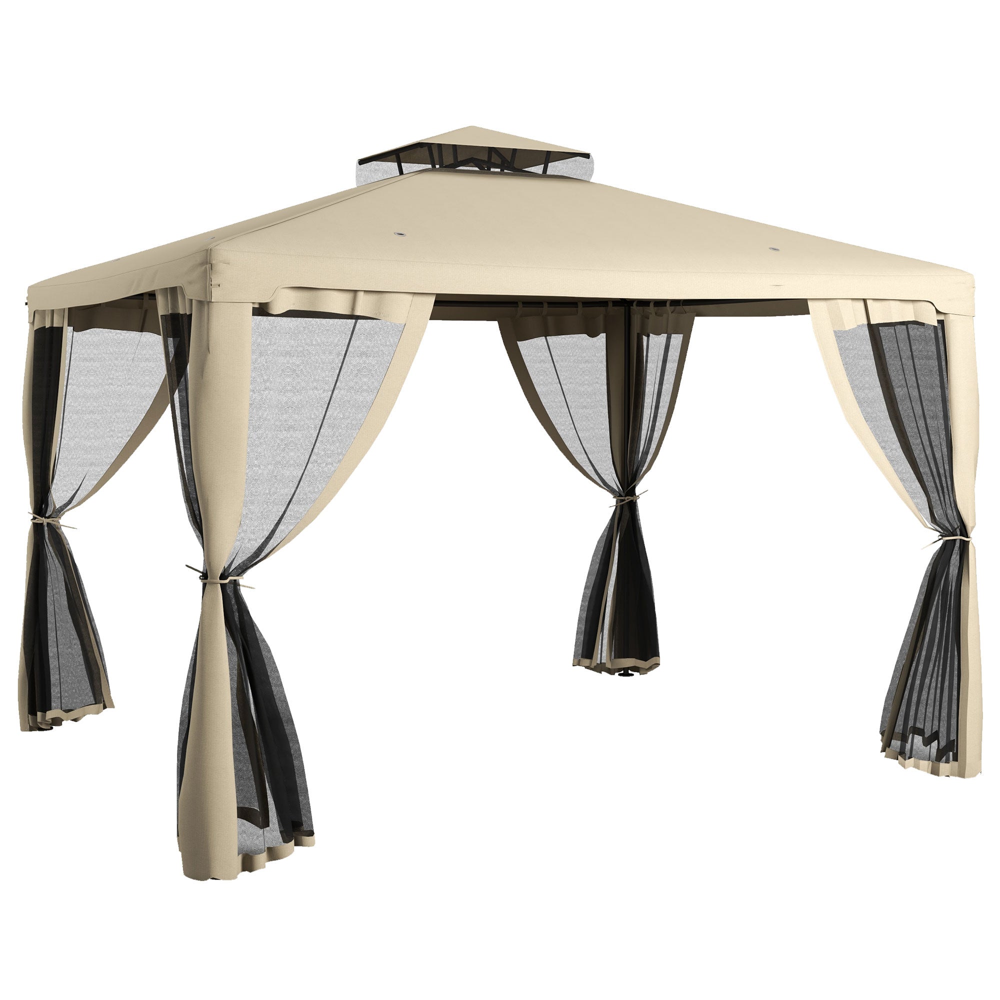 9.6' x 11.6' Patio Gazebo Outdoor Canopy Shelter with 2-Tier Roof and Netting, Steel Frame for Garden, Taupe