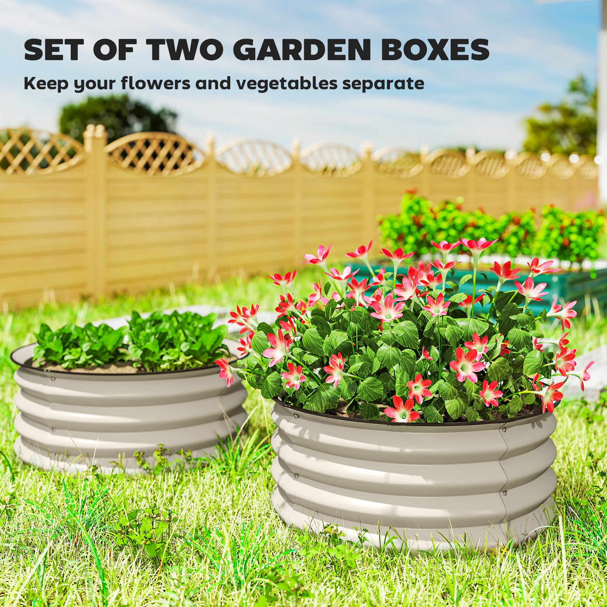Set of 2 Raised Garden Bed, Metal Planter Box with Safety Edging, Easy-to-assemble Stock Tank, Cream