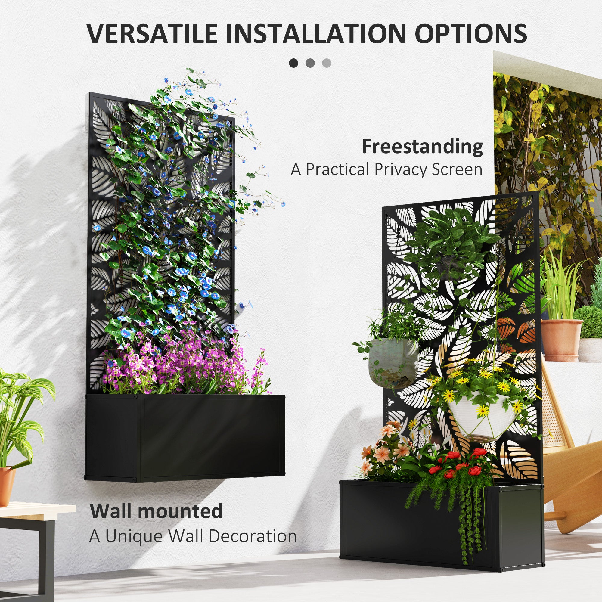 Metal Garden Bed with Trellis for Climbing Plants, Freestanding or Wall Mounted Flower Bed for Garden, Patio, Balcony