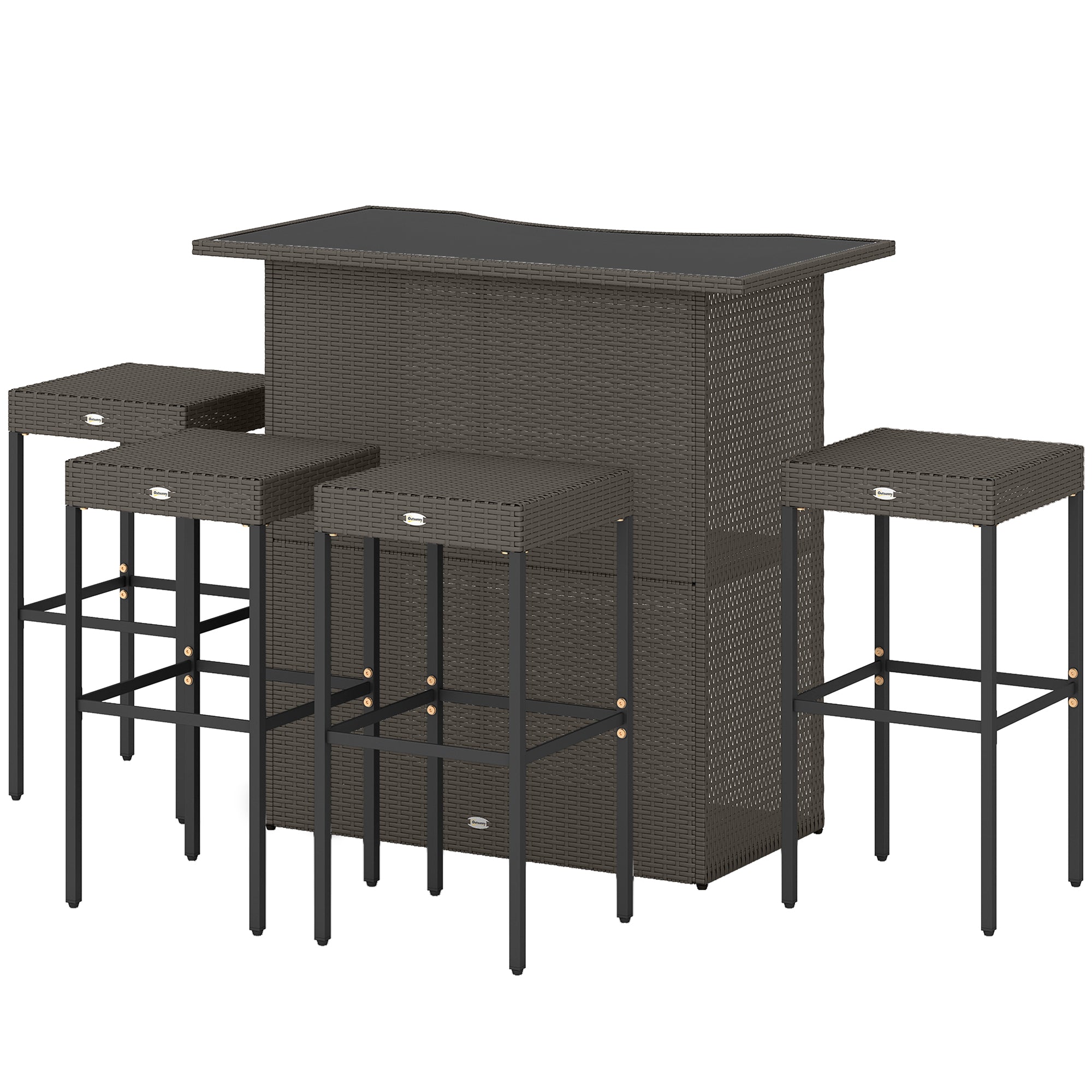 5 Piece Rattan Wicker Bar Set, High Top Outdoor Table and Chairs, Bar Height Patio Set, 2 Shelves & 4 Bar Stools, Brown