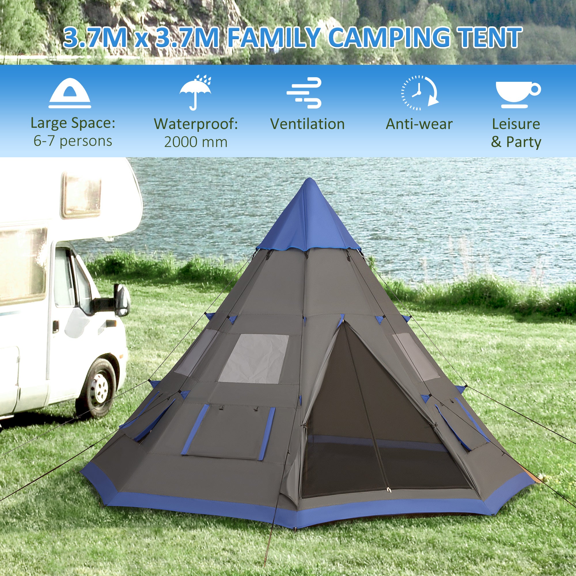 12Ft Camping Tent 6-7 Person 4 Season with 8 Mesh Windows, Outdoor Teepee Tent with Waterproof Material