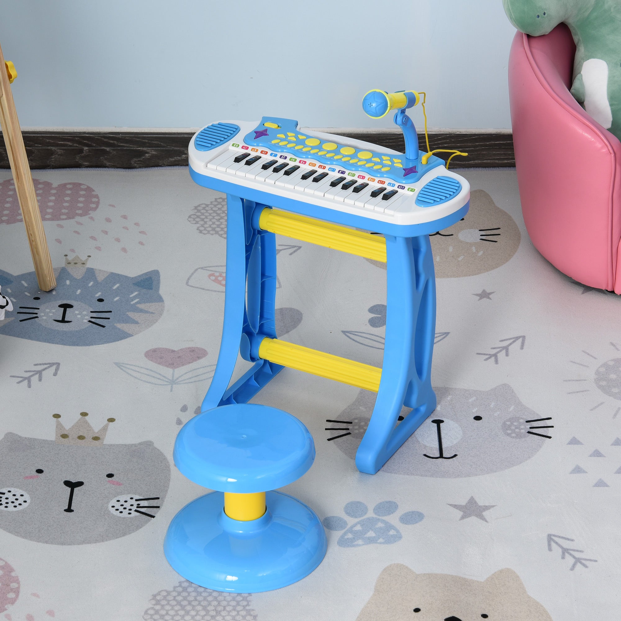 31-Key Kids Toy Keyboard Piano, Electronic Musical Instrument with Multiple Sounds, Stool, Microphone and Bright Flashing Lights, Blue