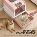 Cat Litter Box Hooded Cat Litter Tray with Drawer Pan Front Entry & Top Exit Easy Cleaning Pink